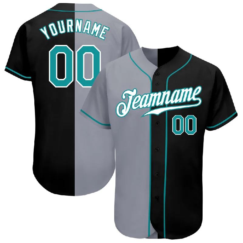 Youth baseball jerseys for boysCustom Black Teal-Gray Authentic Split Fashion Baseball Jersey