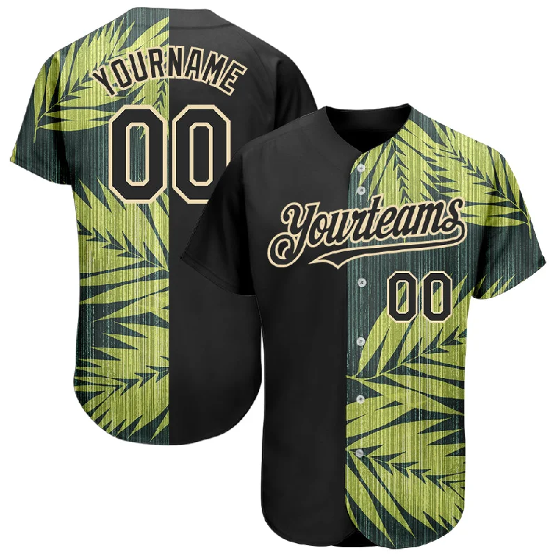 Baseball jerseys for youth athletesCustom Black City Cream 3D Pattern Design Hawaii Tropical Palm Leaves Authentic Baseball Jersey