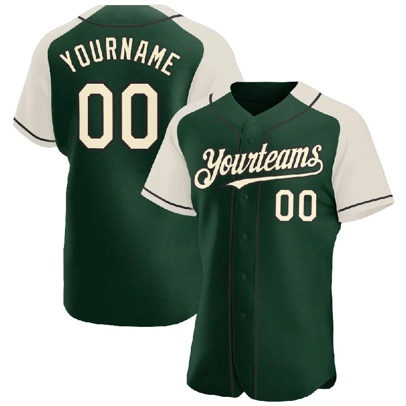 Customizable baseball jerseys with name and numberCustom Green Cream-Black Authentic Raglan Sleeves Baseball Jersey