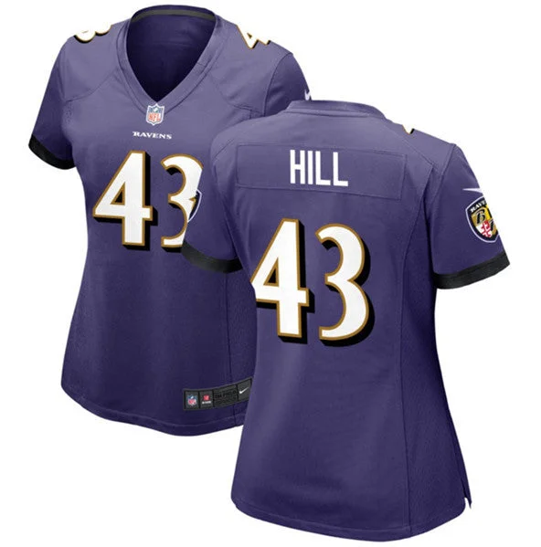 Classic soccer jerseys for retro enthusiastsWomen's Baltimore Ravens #43 Justice Hill Purple Football Stitched Jersey(Run Small)