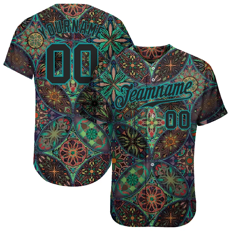 Comfortable baseball jerseys for warm weatherCustom Black Black-Teal 3D Pattern Design Mandalas Authentic Baseball Jersey