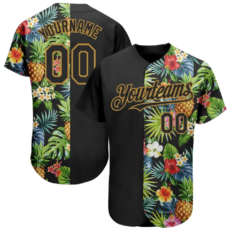 Youth baseball jerseys for boysCustom Black Old Gold 3D Pattern Design Hawaii Tropical Pineapples, Palm Leaves And Flowers Authentic Baseball Jersey