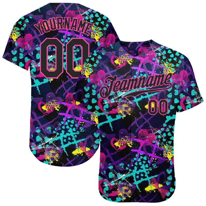 Customizable baseball jerseys with name and numberCustom Graffiti Pattern Black-Pink 3D Creative Hearts Stars Geometric Figures Authentic Baseball Jersey