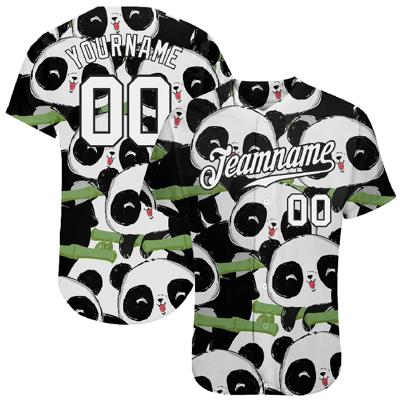 Softball team jerseys for womenCustom Black White-Black 3D Pattern Design Pandas Authentic Baseball Jersey