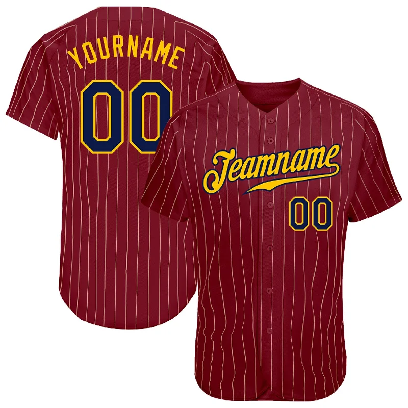 Softball team jerseys for womenCustom Crimson Cream Pinstripe Navy-Gold Authentic Baseball Jersey