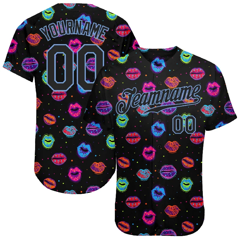 Baseball jerseys for summer leaguesCustom Graffiti Pattern Black-Light Blue 3D Dots And Kiss Lips Authentic Baseball Jersey