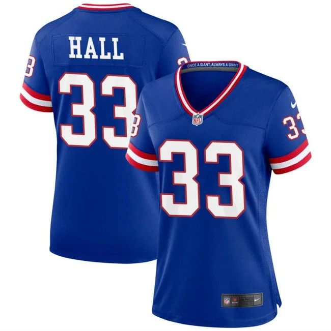 Soccer jerseys with unique color schemesWomen's New York Giants #33 Hassan Hall Blue Throwback Football Stitched Jersey(Run Small)