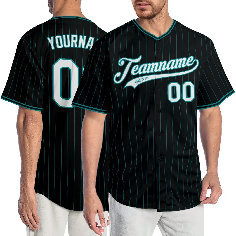 Personalized baseball jerseys for menCustom Black Teal Pinstripe White-Teal Authentic Baseball Jersey