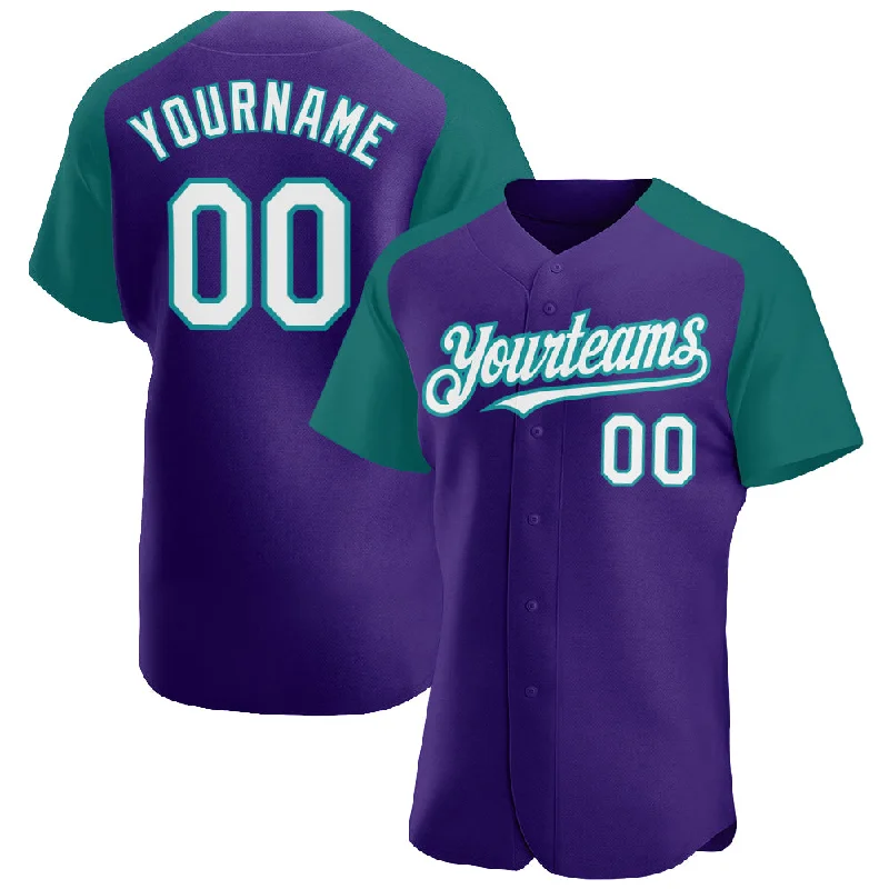 Baseball jerseys for youth athletesCustom Purple White-Teal Authentic Raglan Sleeves Baseball Jersey