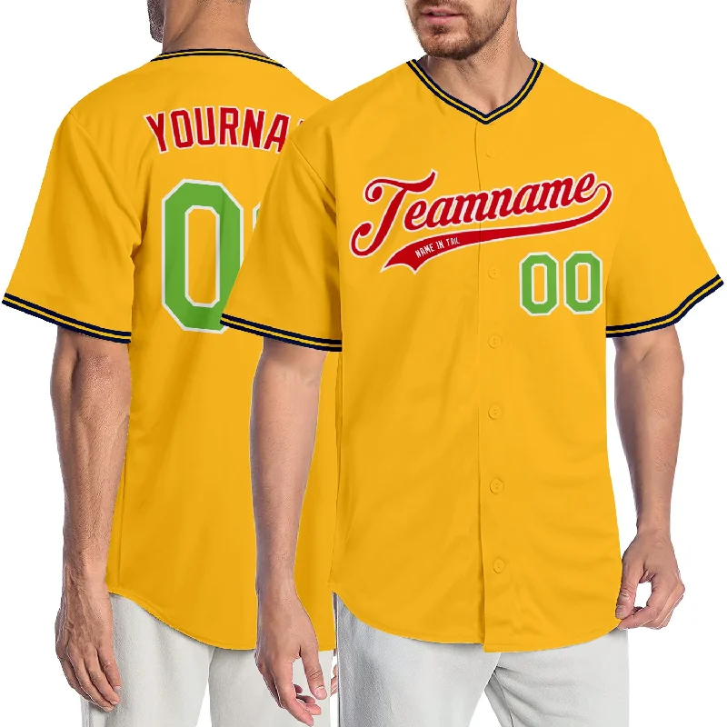 Premium quality baseball jerseys for adultsCustom Gold Neon Green-Red Authentic Baseball Jersey