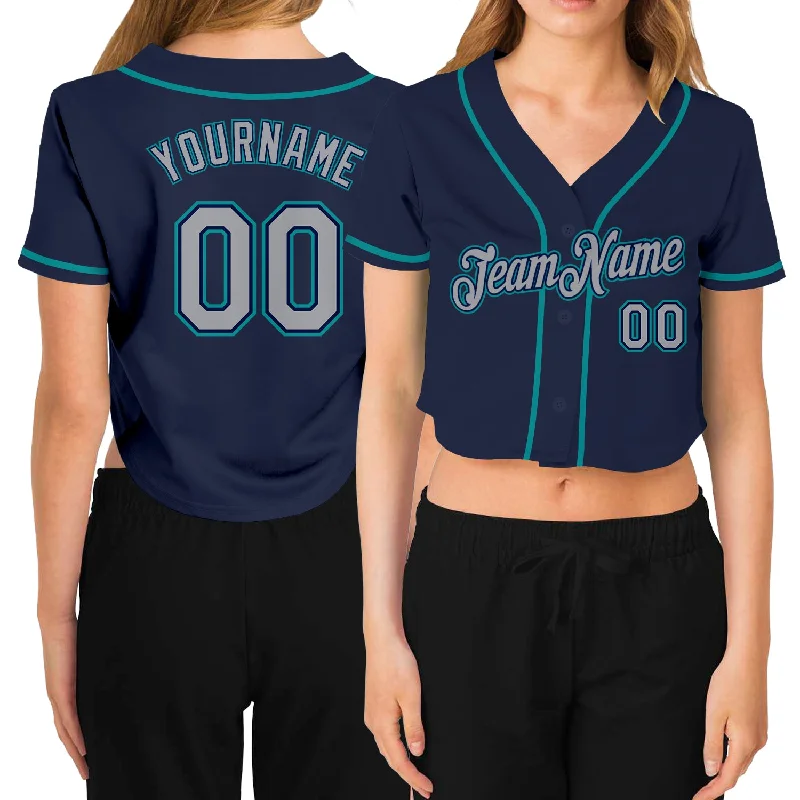 Softball team jerseys for womenCustom Women's Navy Gray-Aqua V-Neck Cropped Baseball Jersey