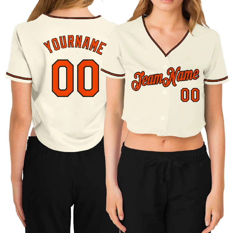 Personalized baseball jerseys for menCustom Women's Cream Orange-Black V-Neck Cropped Baseball Jersey