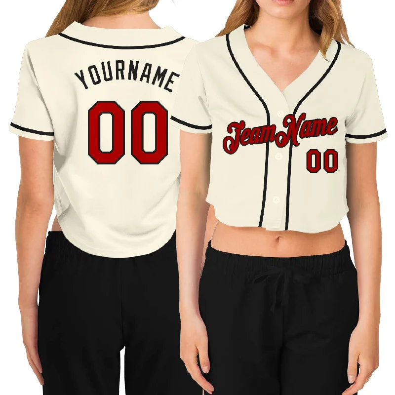 Comfortable baseball jerseys for warm weatherCustom Women's Cream Red-Black V-Neck Cropped Baseball Jersey