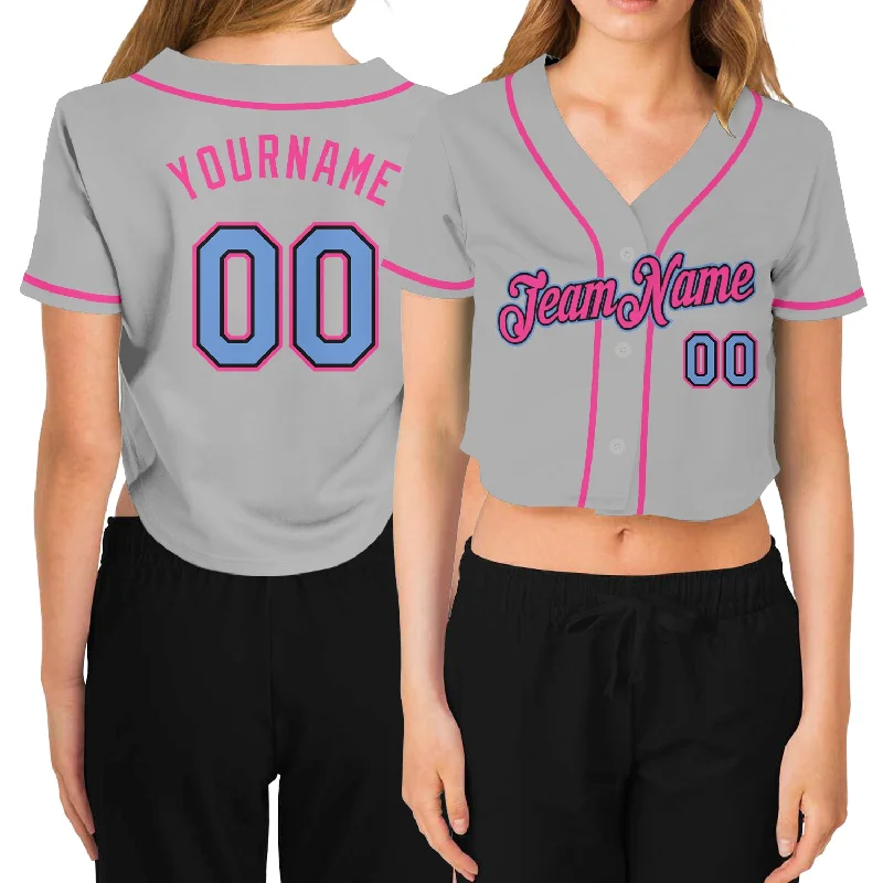 Baseball jerseys for youth athletesCustom Women's Gray Light Blue Black-Pink V-Neck Cropped Baseball Jersey