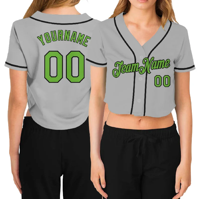 Youth baseball jerseys for boysCustom Women's Gray Neon Green-Black V-Neck Cropped Baseball Jersey