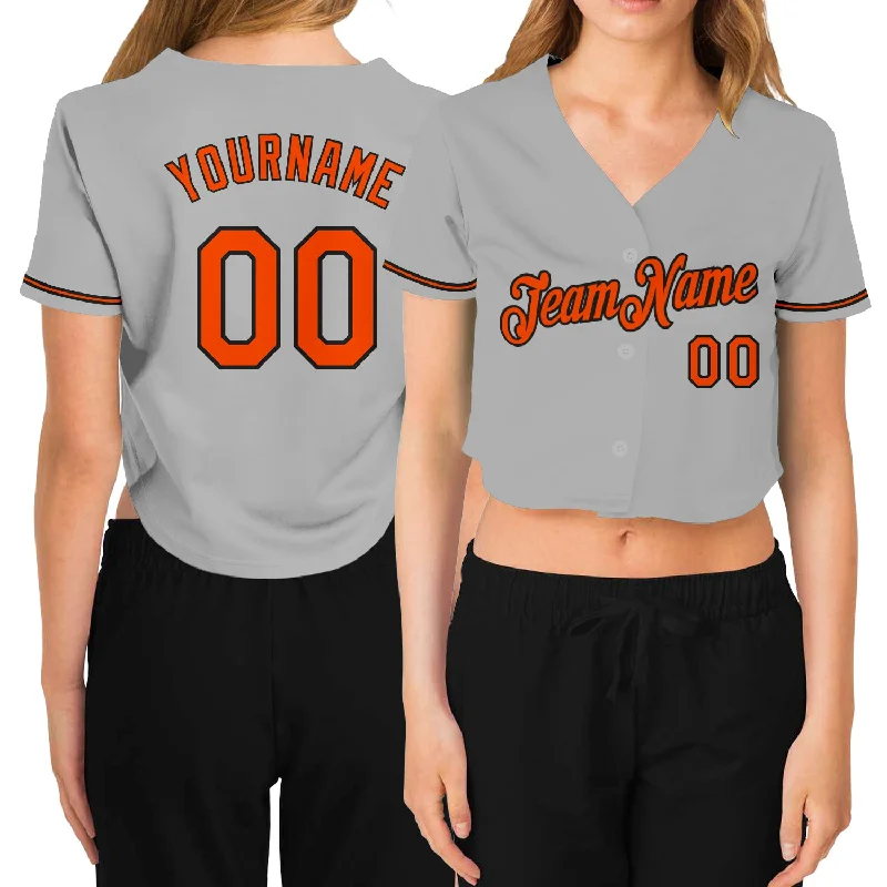 Personalized baseball jerseys for menCustom Women's Gray Orange-Black V-Neck Cropped Baseball Jersey