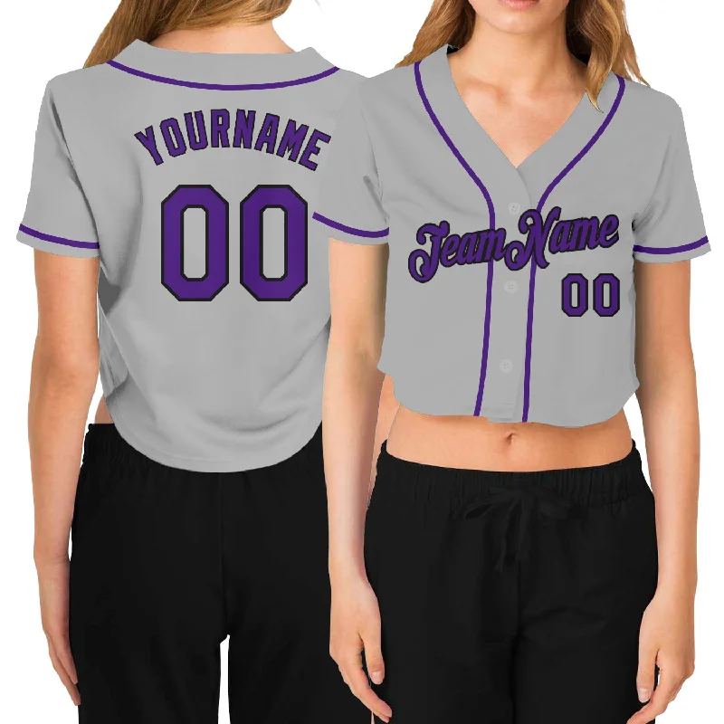 Comfortable baseball jerseys for warm weatherCustom Women's Gray Purple-Black V-Neck Cropped Baseball Jersey