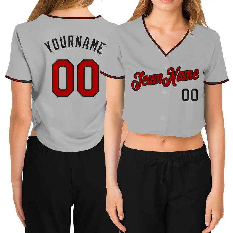 Custom baseball jerseys for teamsCustom Women's Gray Red-Black V-Neck Cropped Baseball Jersey