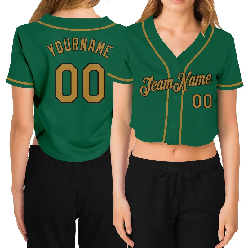 Premium quality baseball jerseys for adultsCustom Women's Kelly Green Old Gold-Black V-Neck Cropped Baseball Jersey