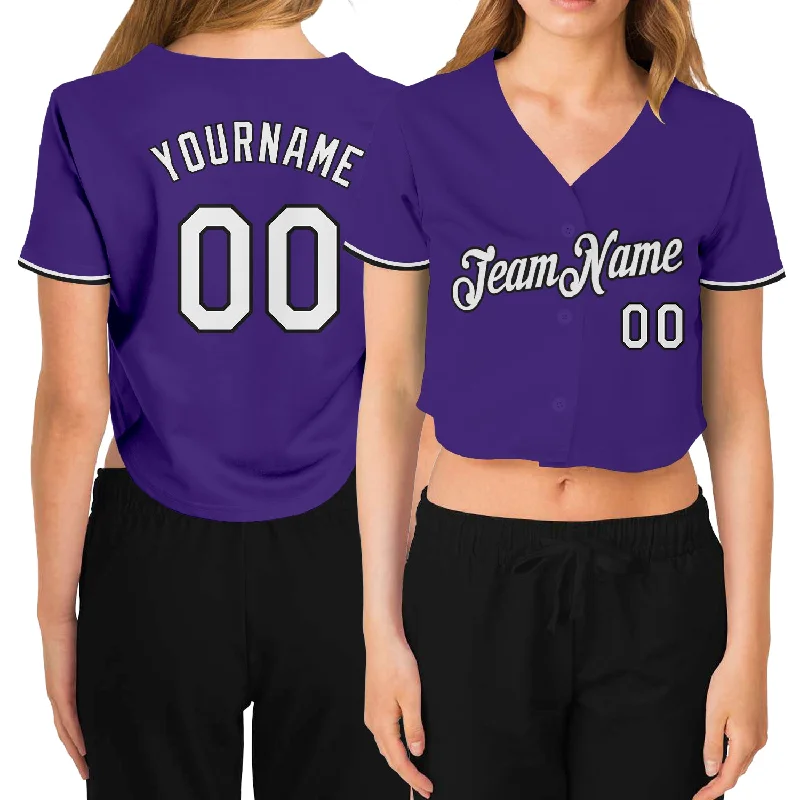 Baseball jerseys for youth athletesCustom Women's Purple White-Black V-Neck Cropped Baseball Jersey