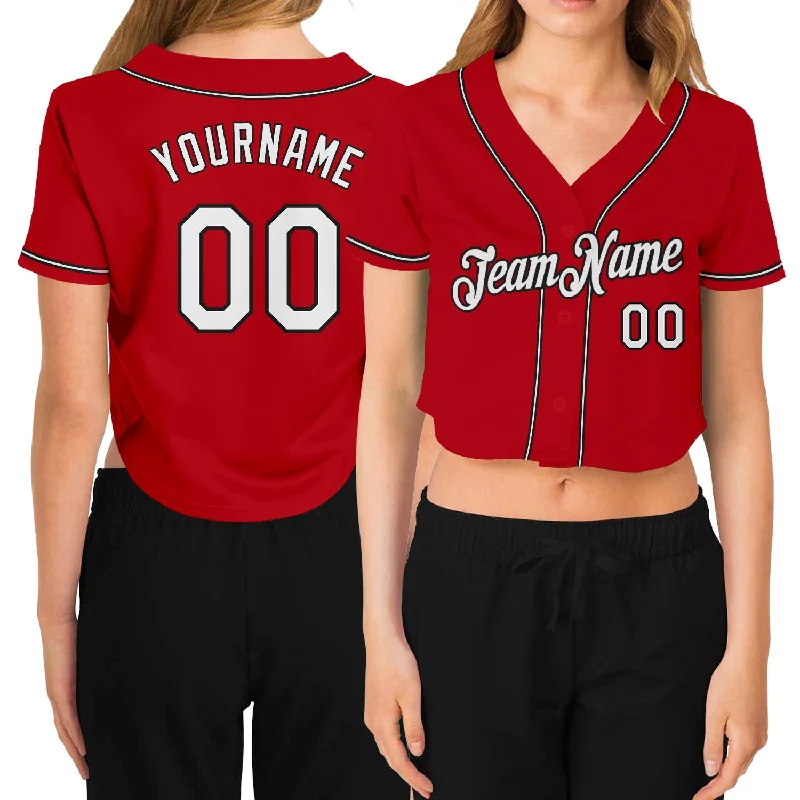 Softball team jerseys for womenCustom Women's Red White-Black V-Neck Cropped Baseball Jersey