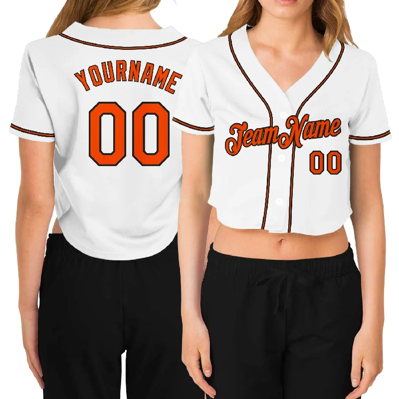 Comfortable baseball jerseys for warm weatherCustom Women's White Orange-Black V-Neck Cropped Baseball Jersey