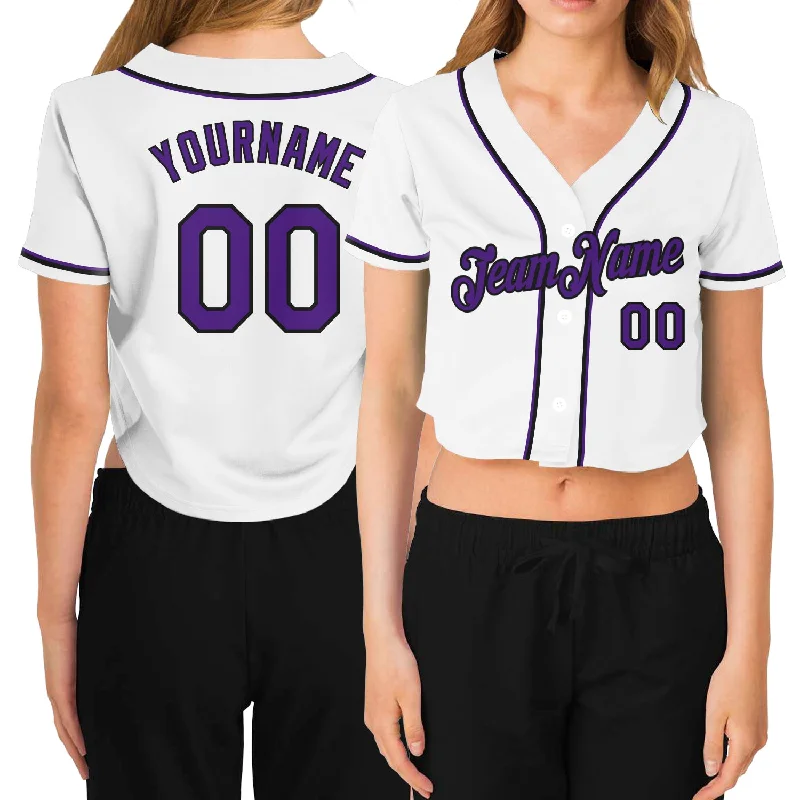 Comfortable baseball jerseys for warm weatherCustom Women's White Purple-Black V-Neck Cropped Baseball Jersey