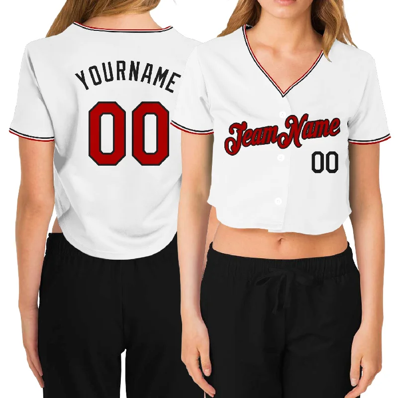 Custom baseball jerseys for teamsCustom Women's White Red-Black V-Neck Cropped Baseball Jersey