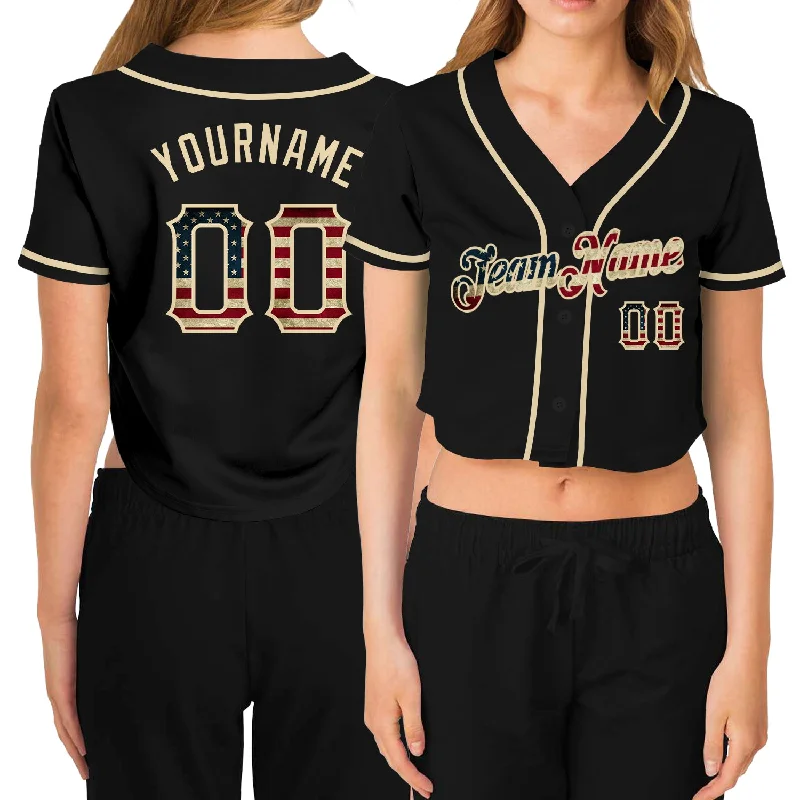 Custom baseball jerseys for teamsCustom Women's Black Vintage USA Flag-Cream V-Neck Cropped Baseball Jersey