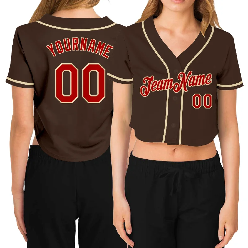 Premium quality baseball jerseys for adultsCustom Women's Brown Red-Cream V-Neck Cropped Baseball Jersey