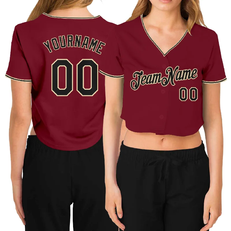 Baseball jerseys for summer leaguesCustom Women's Crimson Black-Cream V-Neck Cropped Baseball Jersey