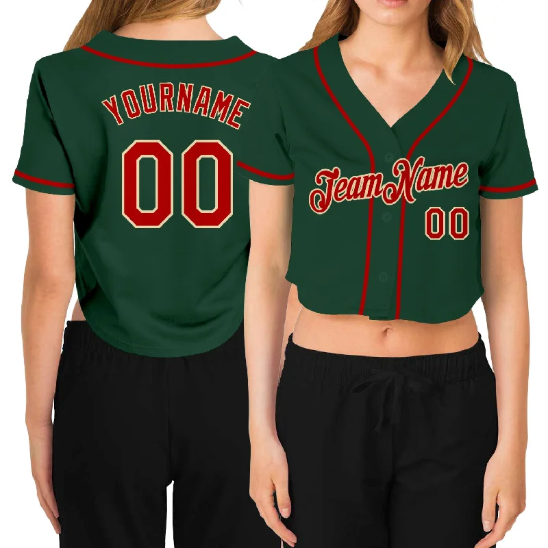 Baseball jerseys for youth athletesCustom Women's Green Red-Cream V-Neck Cropped Baseball Jersey