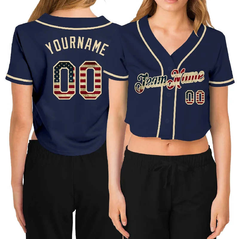 Baseball jerseys for summer leaguesCustom Women's Navy Vintage USA Flag-Cream V-Neck Cropped Baseball Jersey