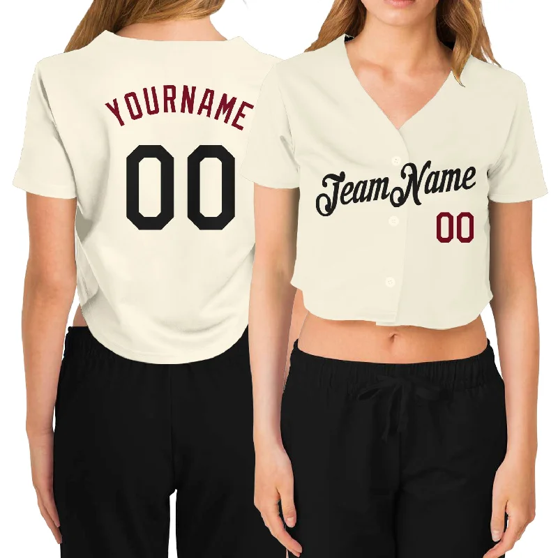 Youth baseball jerseys for boysCustom Women's Cream Black-Crimson V-Neck Cropped Baseball Jersey