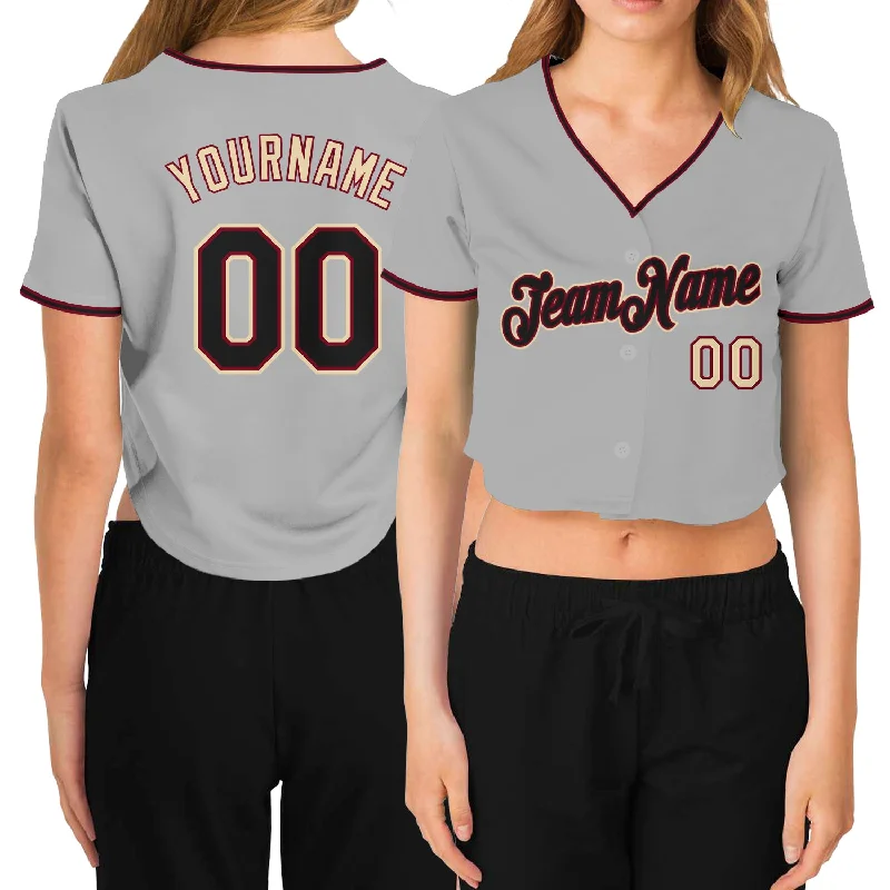 Personalized baseball jerseys for menCustom Women's Gray Black Crimson-Cream V-Neck Cropped Baseball Jersey