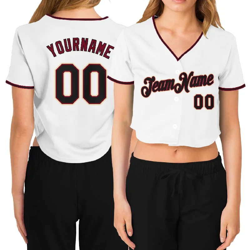 Personalized baseball jerseys for menCustom Women's White Black Crimson-Cream V-Neck Cropped Baseball Jersey