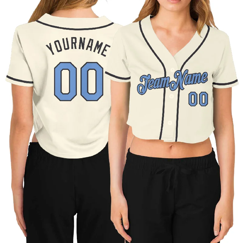 Softball team jerseys for womenCustom Women's Cream Light Blue-Steel Gray V-Neck Cropped Baseball Jersey