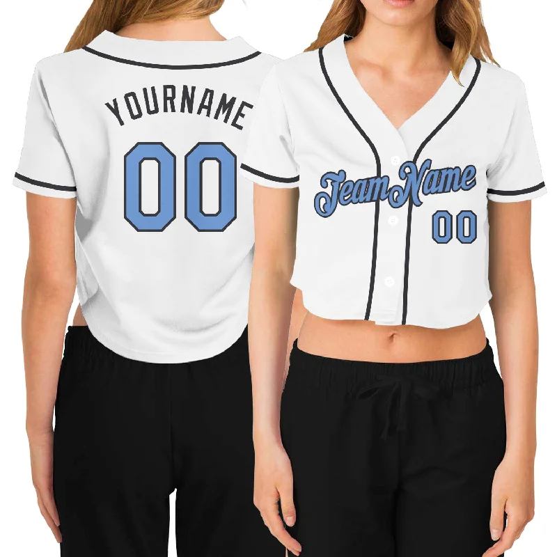 Baseball jerseys for youth athletesCustom Women's White Light Blue-Steel Gray V-Neck Cropped Baseball Jersey