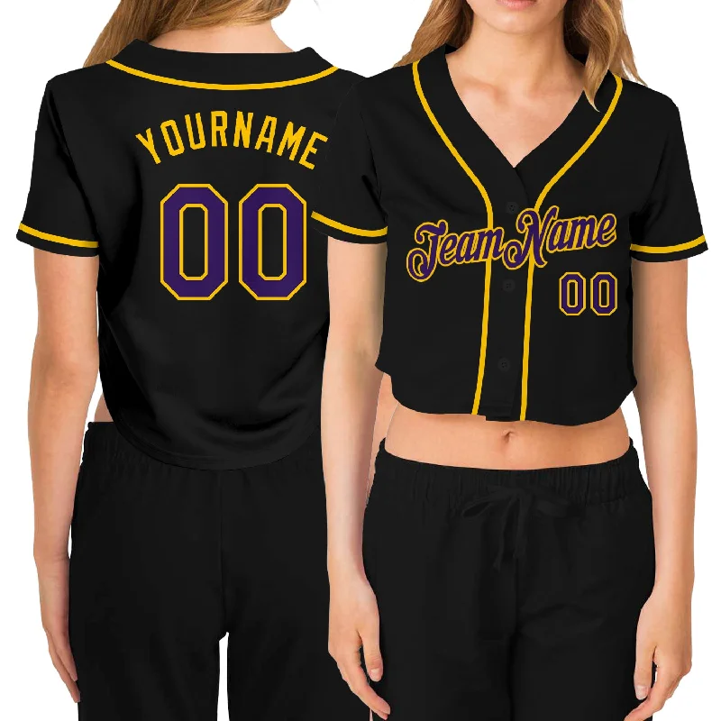 Baseball jerseys for youth athletesCustom Women's Black Purple-Gold V-Neck Cropped Baseball Jersey