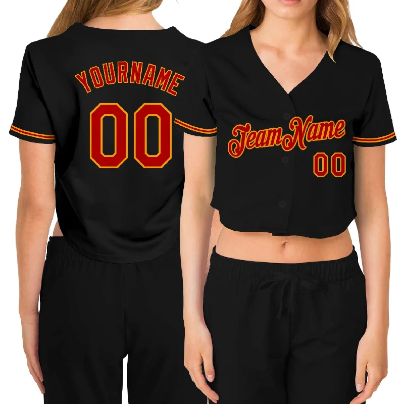 Comfortable baseball jerseys for warm weatherCustom Women's Black Red-Gold V-Neck Cropped Baseball Jersey