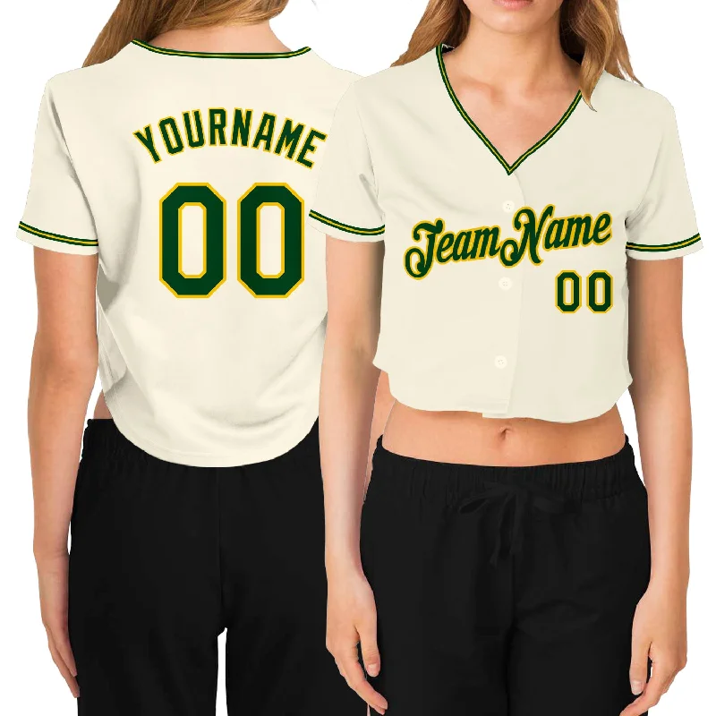 Custom baseball jerseys for teamsCustom Women's Cream Green-Gold V-Neck Cropped Baseball Jersey