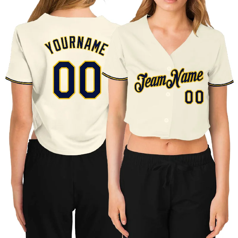 Softball team jerseys for womenCustom Women's Cream Navy-Gold V-Neck Cropped Baseball Jersey