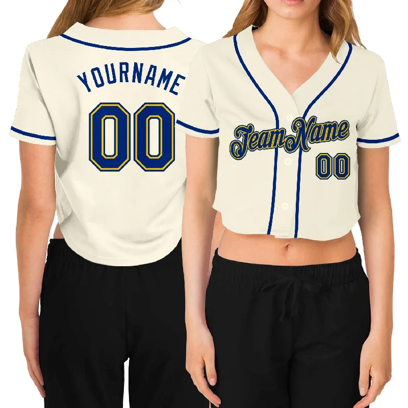 Personalized baseball jerseys for menCustom Women's Cream Royal-Gold V-Neck Cropped Baseball Jersey