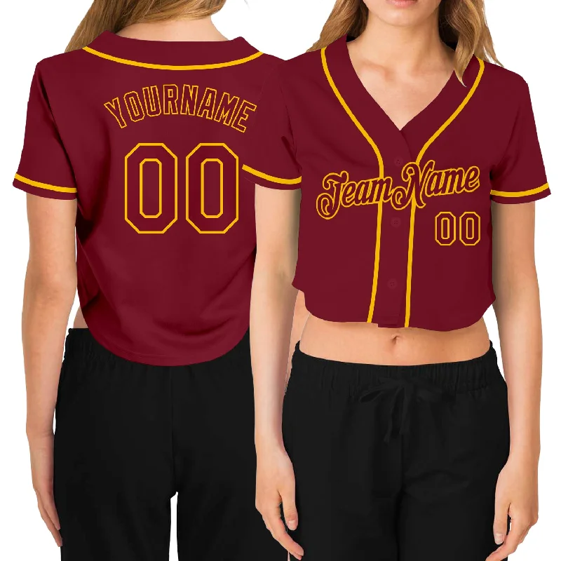 Comfortable baseball jerseys for warm weatherCustom Women's Crimson Crimson-Gold V-Neck Cropped Baseball Jersey