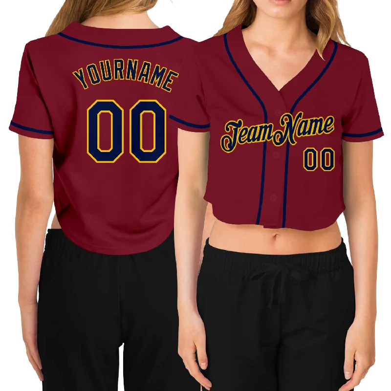 Custom baseball jerseys for teamsCustom Women's Crimson Navy-Gold V-Neck Cropped Baseball Jersey