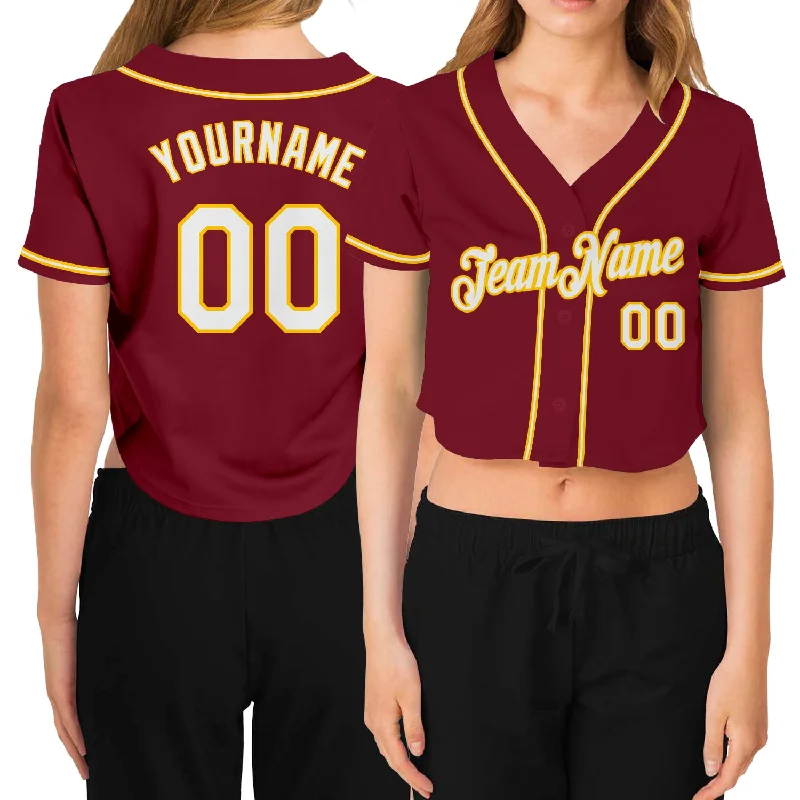 Vintage baseball jerseys for collectorsCustom Women's Crimson White-Gold V-Neck Cropped Baseball Jersey