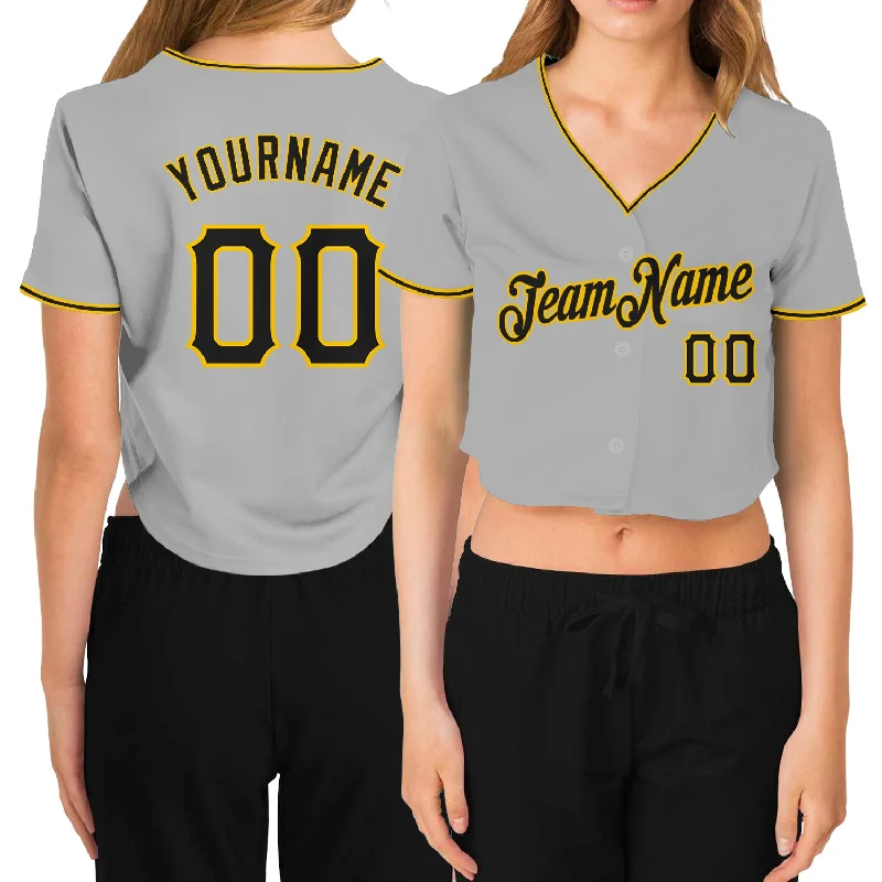 Comfortable baseball jerseys for warm weatherCustom Women's Gray Black-Gold V-Neck Cropped Baseball Jersey