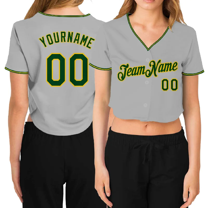 Premium quality baseball jerseys for adultsCustom Women's Gray Green-Gold V-Neck Cropped Baseball Jersey