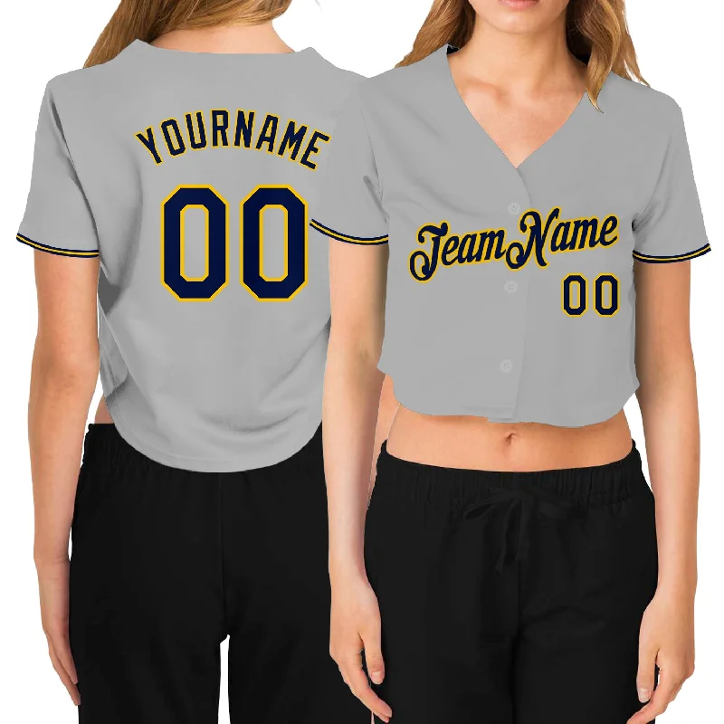 Vintage baseball jerseys for collectorsCustom Women's Gray Navy-Gold V-Neck Cropped Baseball Jersey