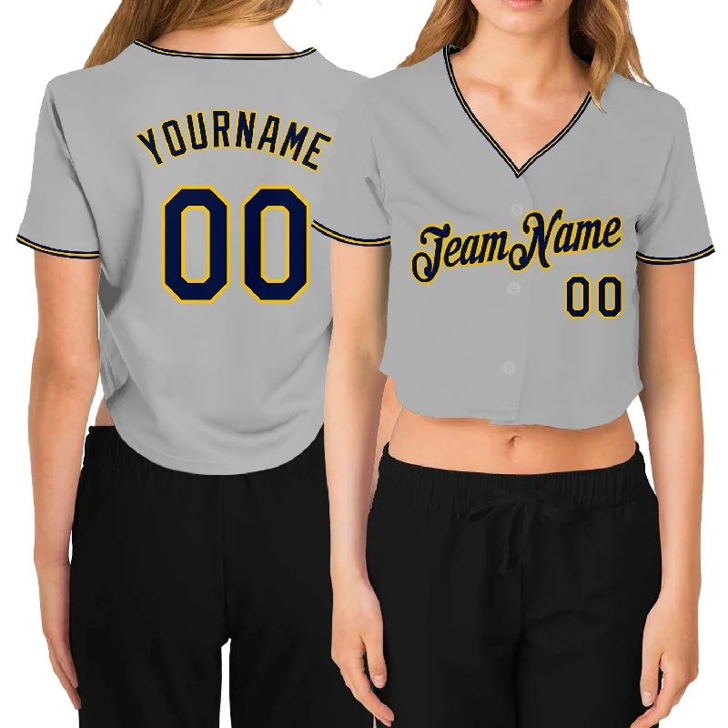 Premium quality baseball jerseys for adultsCustom Women's Gray Navy-Gold V-Neck Cropped Baseball Jersey